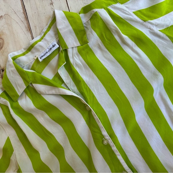PIERRE CARDIN 80s rayon lime green white striped vacation button down shirt sz 8 - Picture 3 of 13